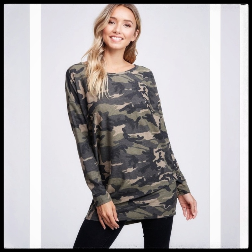 Camo Dolman Sleeve French Terry Tunic, NWT